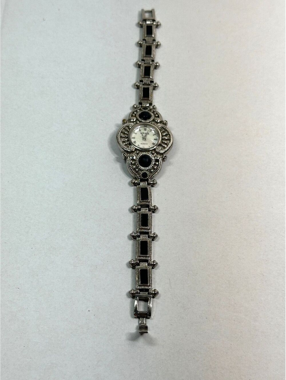 Vintage Mirage Quartz Watch Ornate Silver Tone Black Stone Accents 6.5”